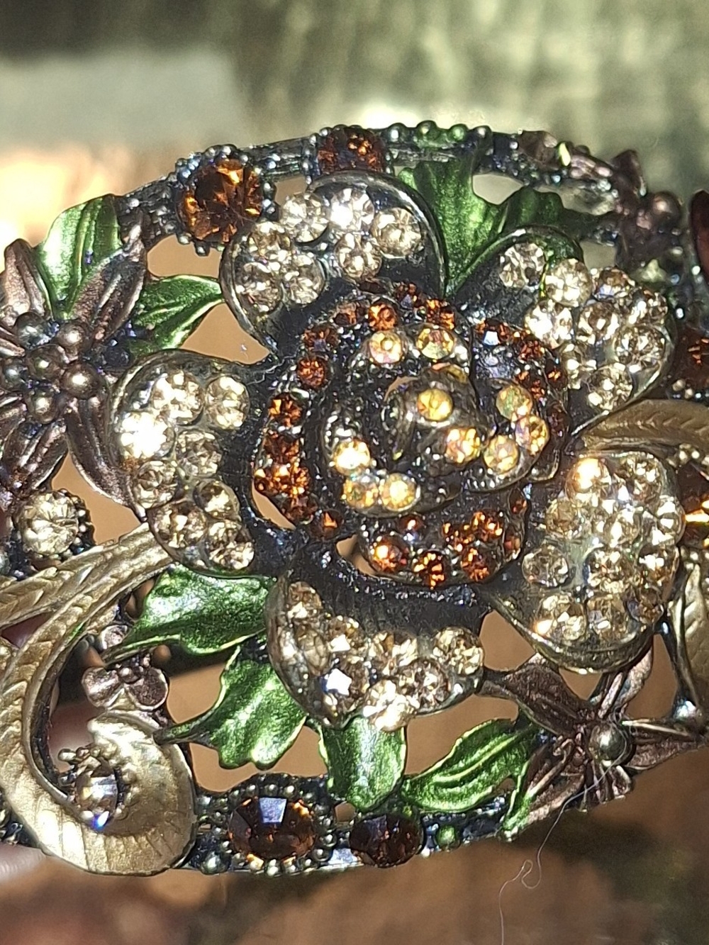 Floral Rhinestone Bracelet in Brown & Green